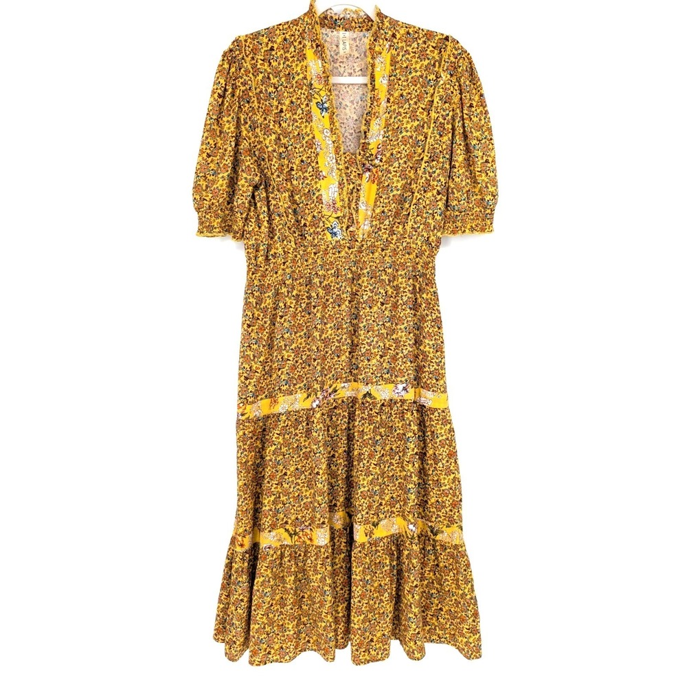 Lapis Yellow Floral Tiered Midi Dress Puff‎ Sleeve Boho Cottage Prairie Medium